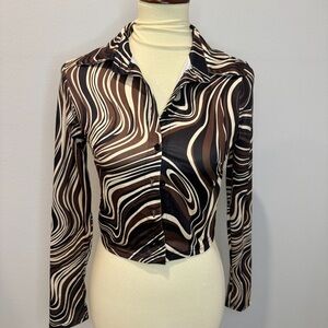 Wavy Print Long-Sleeve Button-Up Top in Brown and Cream